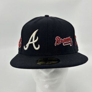 Men New Era 59Fifty Fitted Wool Hat MLB Atlanta Braves Black Various Logos 7 3/4